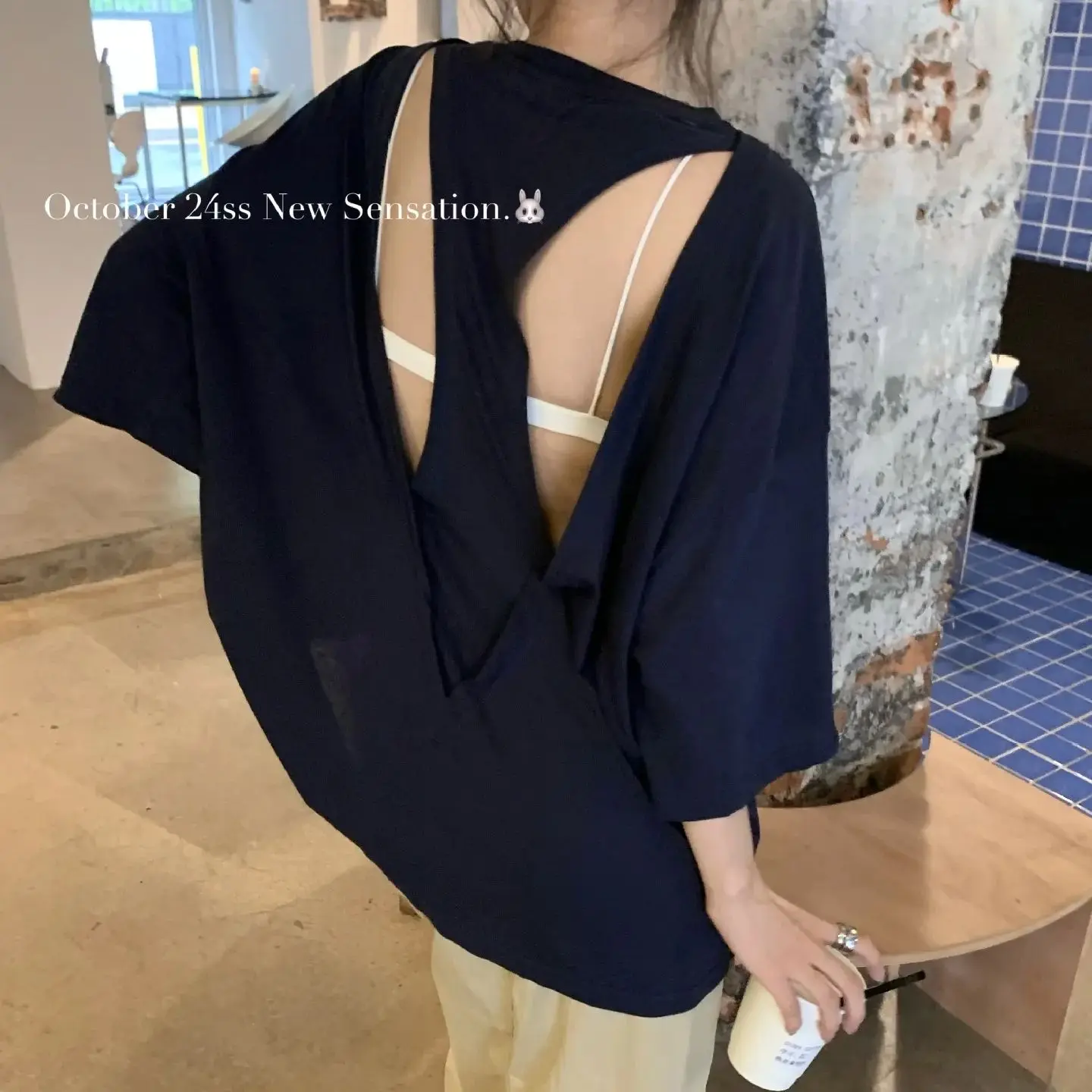 

Korean style solid color casual big t-back hollow short-sleeved t-shirt top