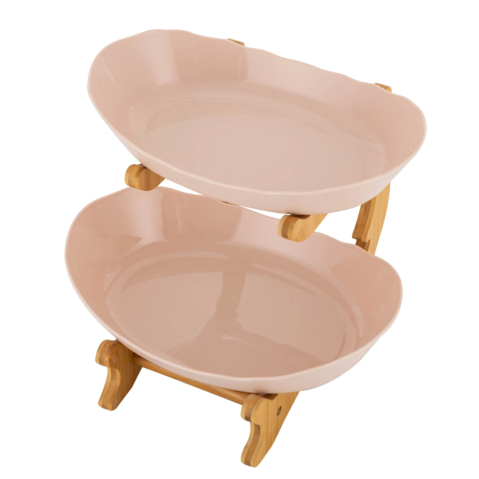 2 Tier Fruit Bowl Stand with Bamboo Frame, Dual PP Serving Trays, 10.2x7.4 Inch Fruit Serving Tray, Detachable Fruit Basket