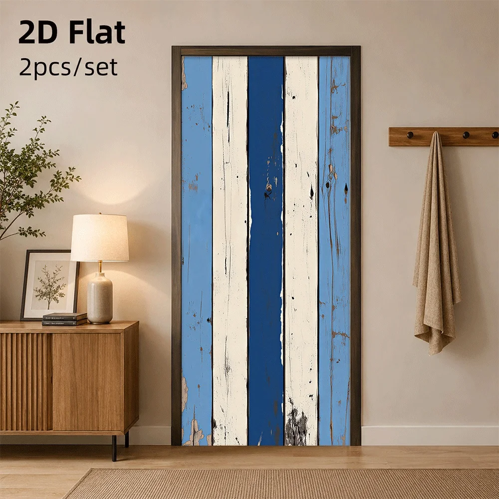 1 piece of retro wood grain door sticker with blue and white contrasting design, self-adhesive waterproof to create an American