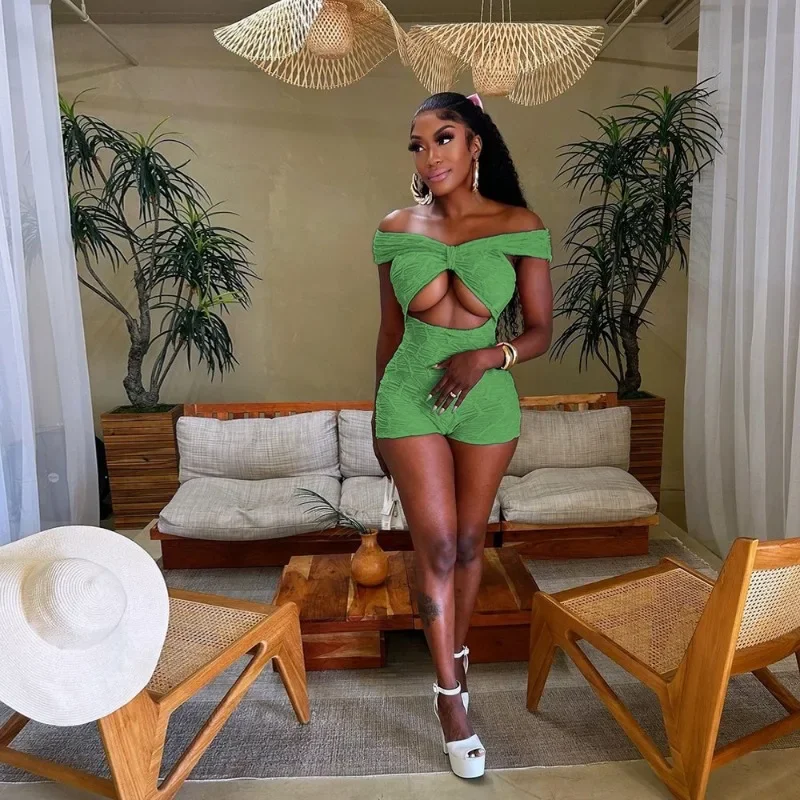 GUWU Women Short Sleeve Strapless High Waist Romper Playsuit  Sexy Hollow Out Party Clubwear Bodycon One Piece Overalls