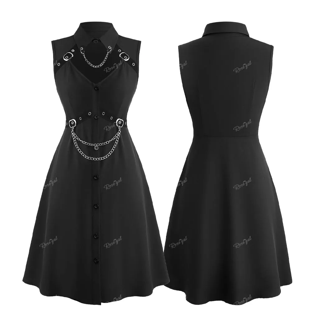 ROSEGAL Mini abiti gotici per ragazze Nero con pannello ritagliato Bottoni pieni Fibbia a catena Occhiello senza maniche A Line Abito punk Vestido