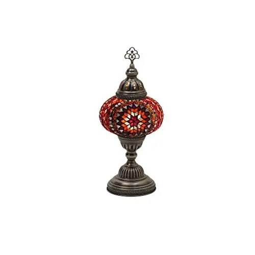 LaModaHome English Moroccan Handmade Mosaic Glass Table Lamp Light with Decorative Dark Copper Fixture for Bedroom, Livingroom a