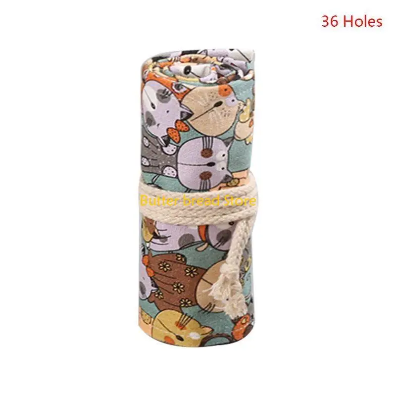 W89C Cartoon для кошки 24.12.36/48/72 Отверстия Canvas Roll Pen Crencil Bag для корпуса для макияжа держатель для хранения