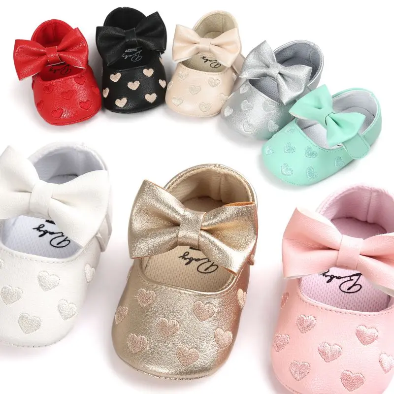 Baby Boy Girl Shoes Newborn Baby Shoes Classic Bowknot Rubber Sole Anti-slip PU Girl Dress Shoes Toddler Crib Shoes First Walker