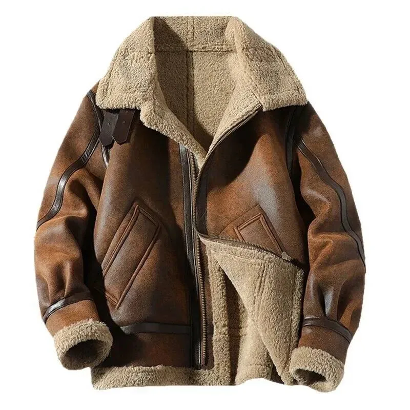 Retro Suede Lamb Men's Fleece Lined Thickened Winter Motorcycle Style Leather Fur Integrated Large Size Jacket