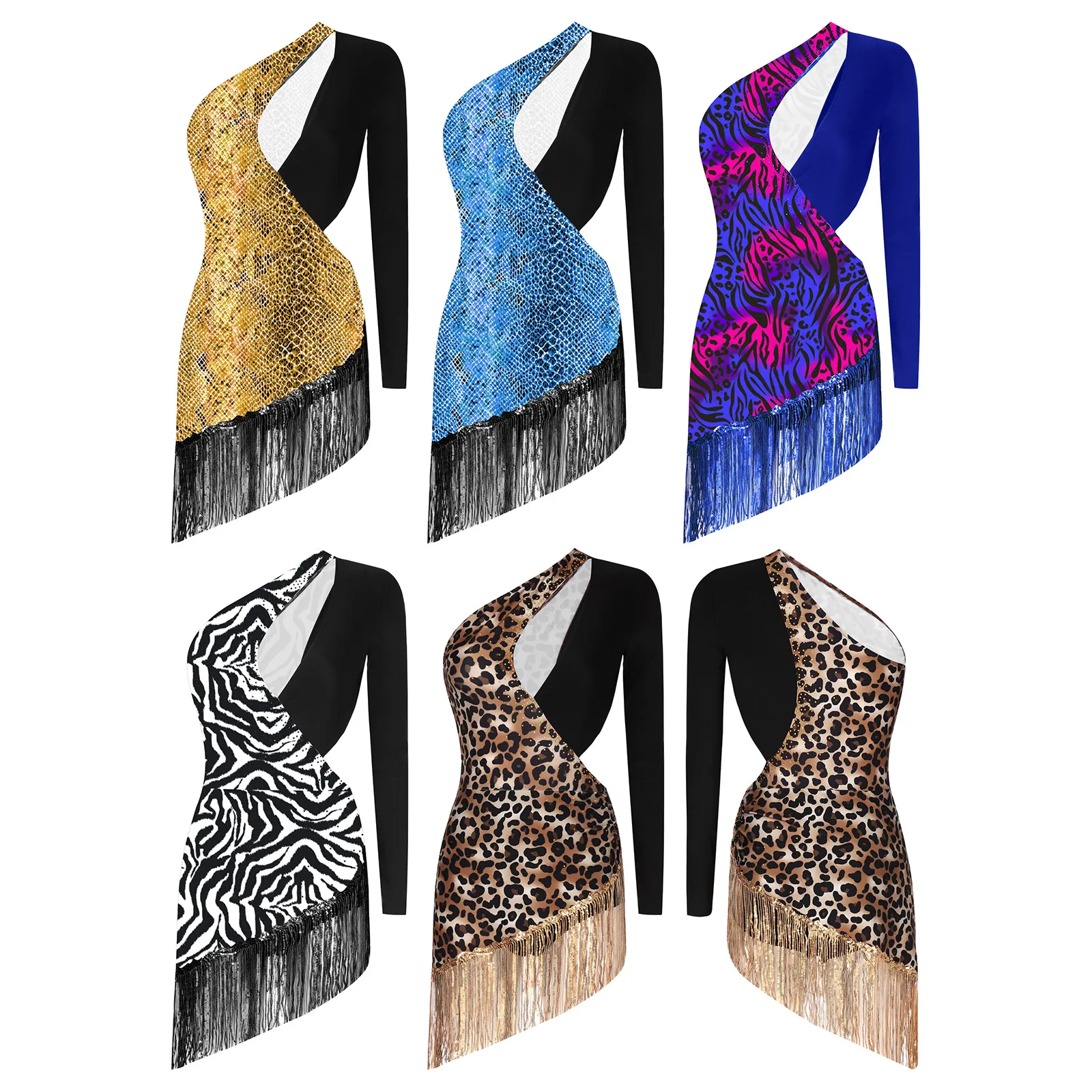 Women Latin Dance Dress One Shoulder Cutout Rhinestones Print Sequins Tassel Leotard Cha-cha Tango Samba Rumba Ballroom Costume