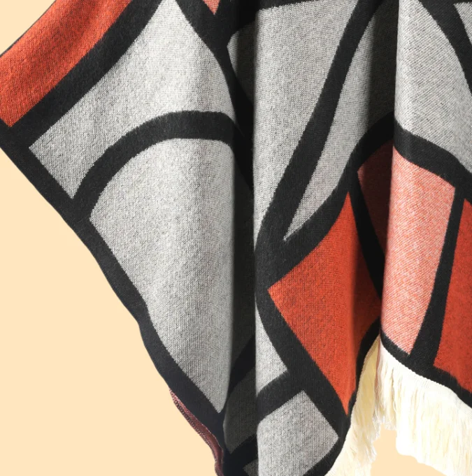 Nuovo poncho geometrico etnico svasato ispessito mantello avvolgente per le donne mantello da viaggio per fotografia