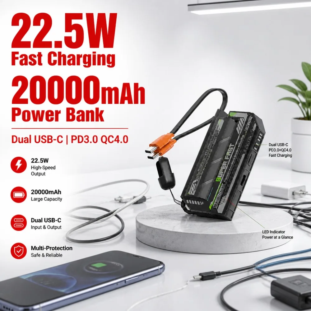 22.5W 20000mAh Power Bank Dual USB-C PD3.0 QC4.0 Fast Charger for iPhone 16/15 Pro Max Samsung S24/S23 Ultra Note20 Pixel iPad - view 3