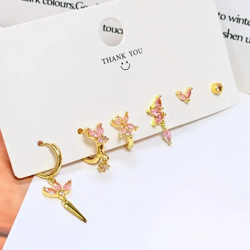 Luxurious geometry 925 sterling silver ear Needle pink series zircon pendant hoop earrings sweet fashion wedding jewelry gifts