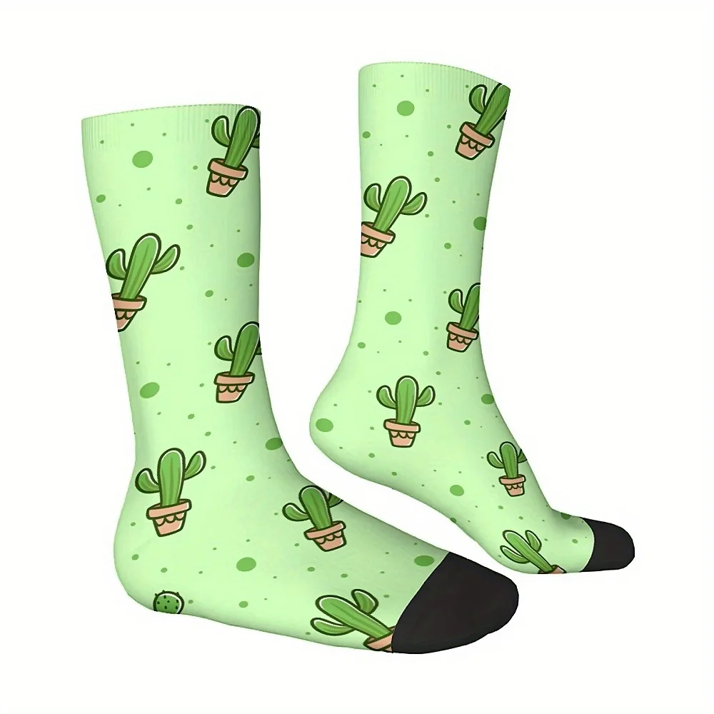 1 Pair Unisex Crew Socks, Harajuku Seamless Print, Fun Novelty Cactus Pattern, Polyester 95% Spandex 5%, Hand Wash Only,