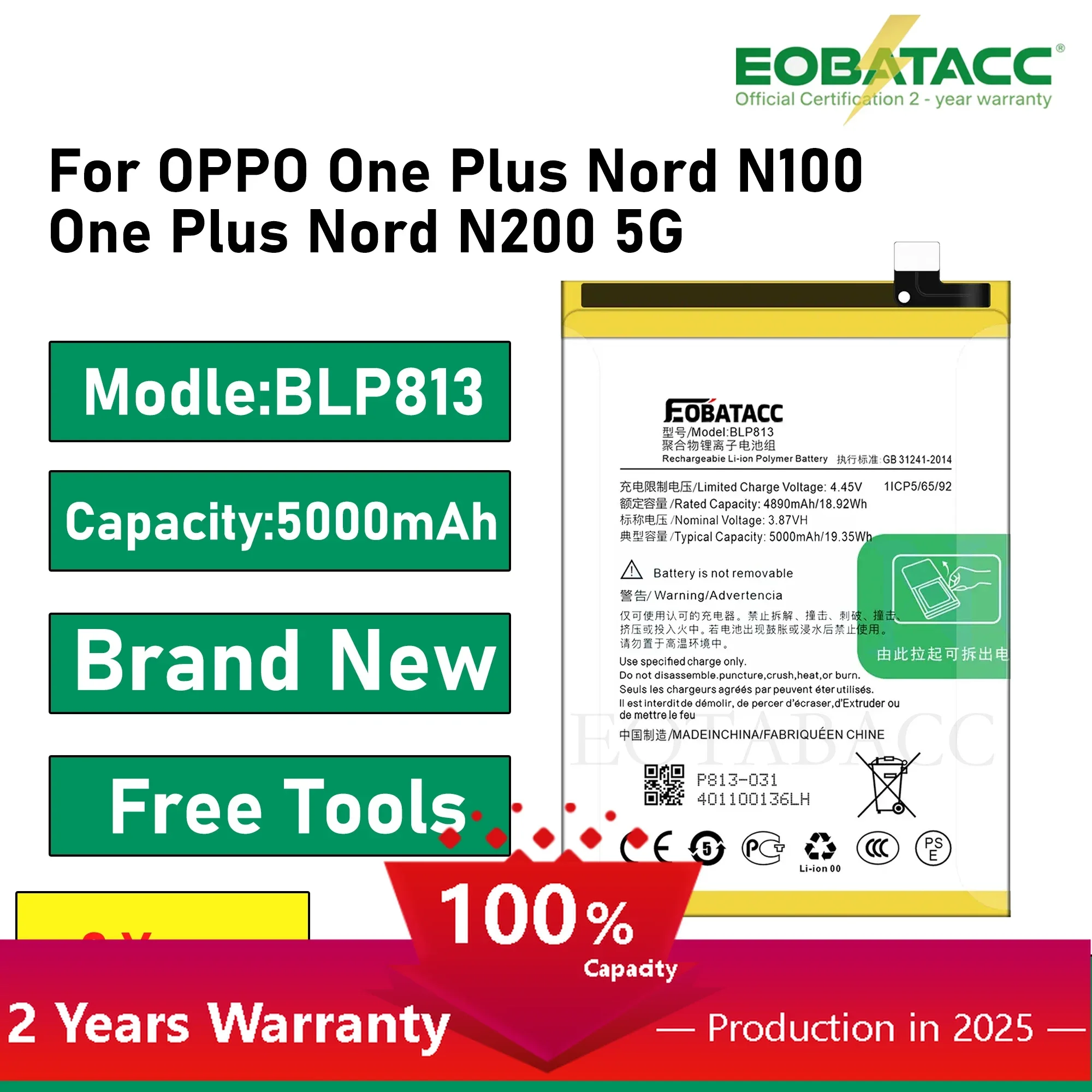 

2025 Years EOBATACC 100% New For OnePlus Nord N100 BE2011/BE2012/BE2013 5000mAh BLP813 Battery +Free Tools