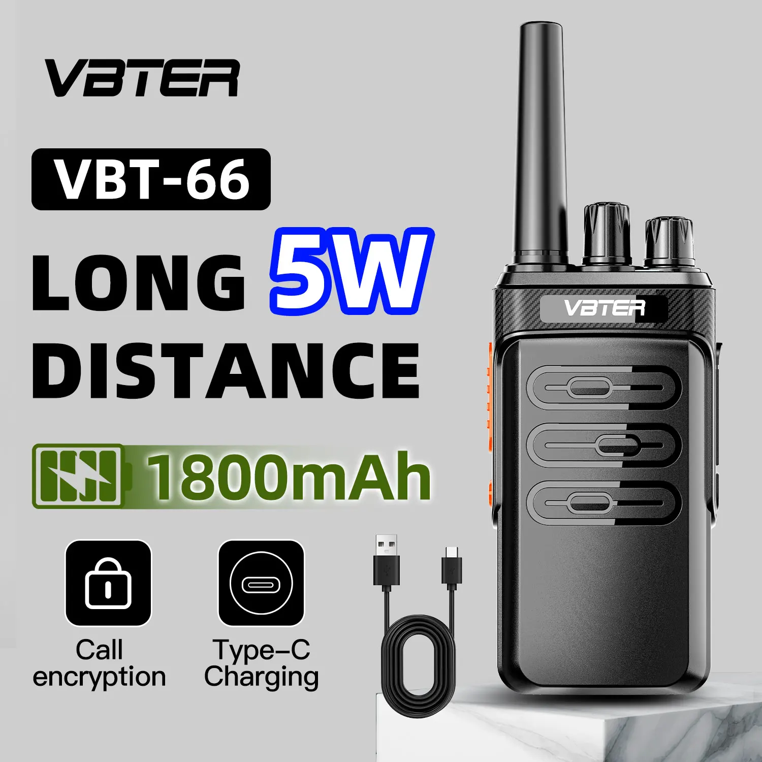 

2 шт. портативные рации VBTER 16CH 5W высокой мощности PMR 446 МГц с дальним радиусом действия и зарядкой Type-C для кемпинга VBT-66
