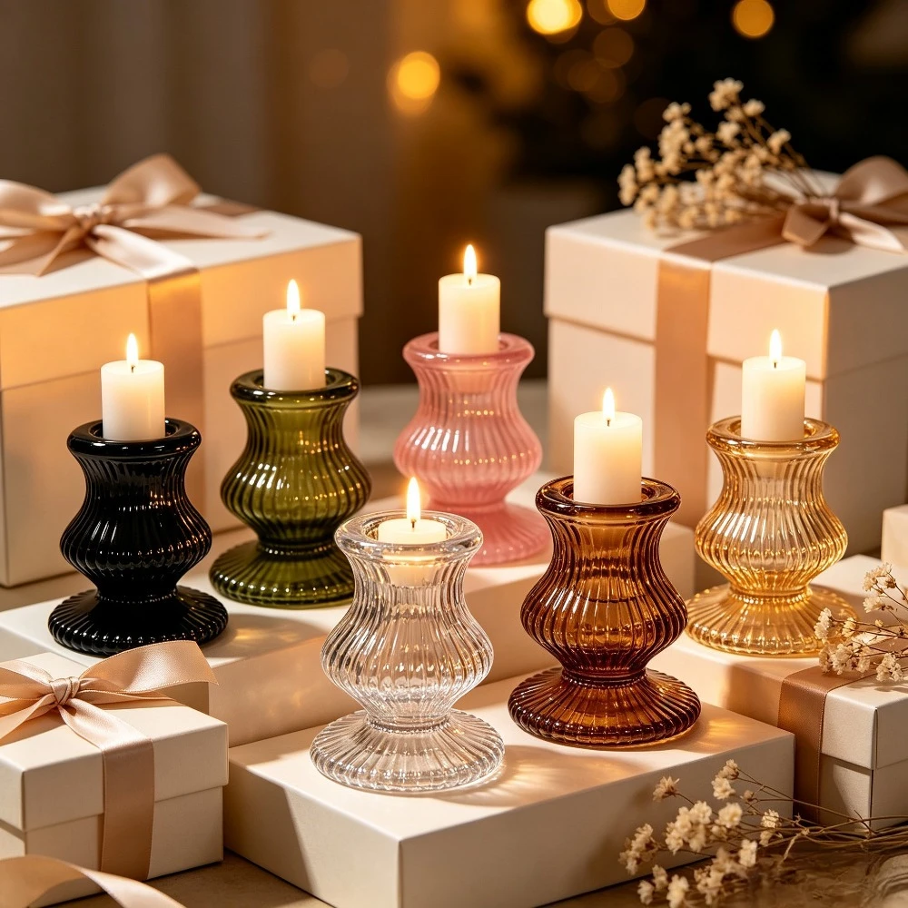 Retro Fluted Glass Candlestick Holder Multicolor Textured Glass Candle Holder Table Centerpiece for Party Romantic Dinner Decor