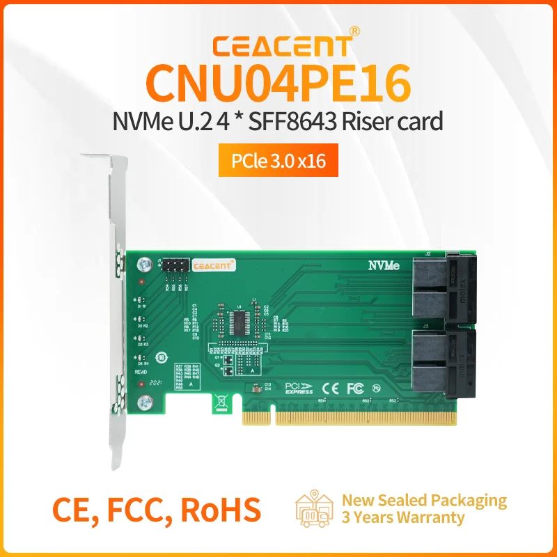

CEACENT CNU04PE16 PCIe 3.0 x16 4 SFF8643 interfaces NVMe Adapter, UP to support 4* U.2 NVMe SSD