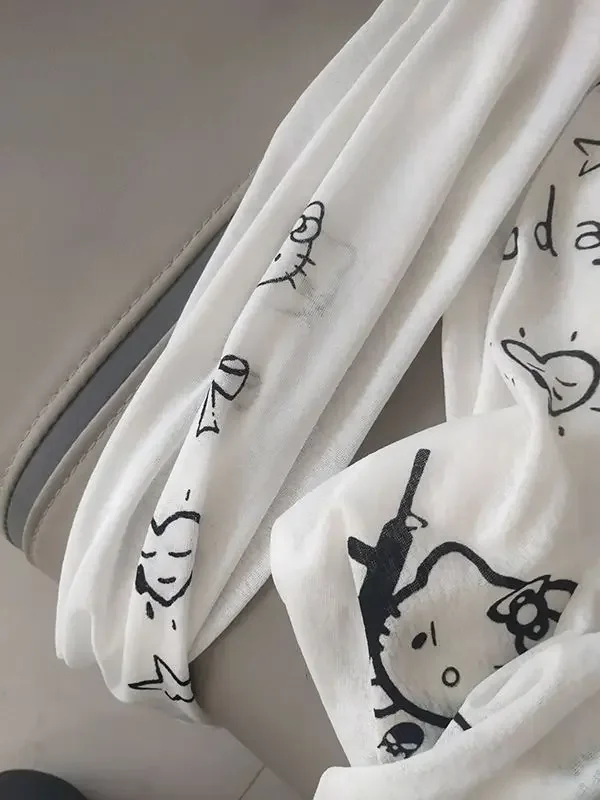 Hello Kitty-Camiseta de manga larga con cuello redondo y protección UV para mujer, Top informal holgado Kawaii de gran tamaño, 2025