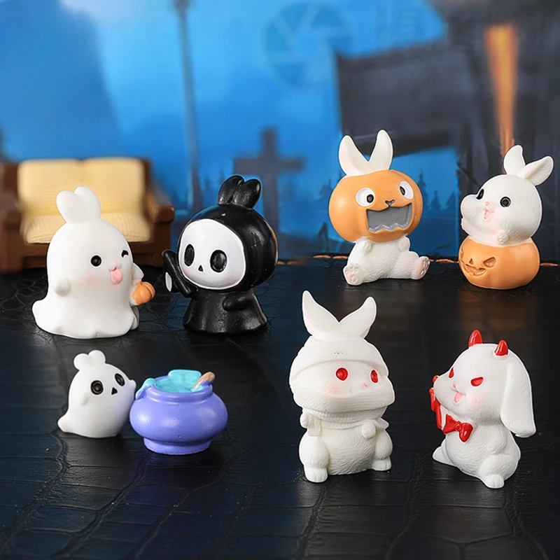 Kawaii Halloween Rabbits Mini Decorations Bonsai Ornament Living Room Home Decor Resin Craft Kids Toy Figurines Miniatures