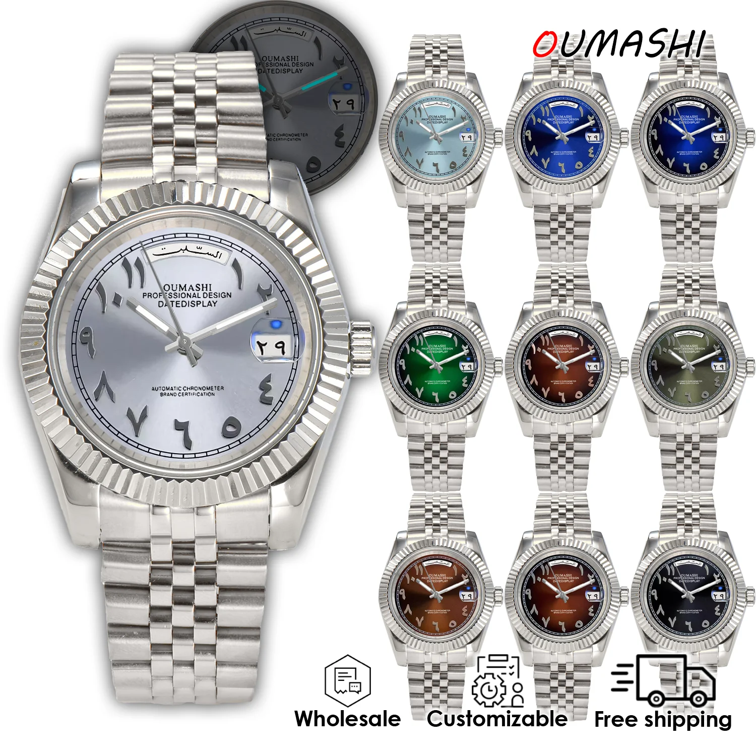 Men's 39mm MIYOTA8285 Automatic Watch Arabic Theme with Date/Week Display Luminous Stainless Steel Customizable Waterproof