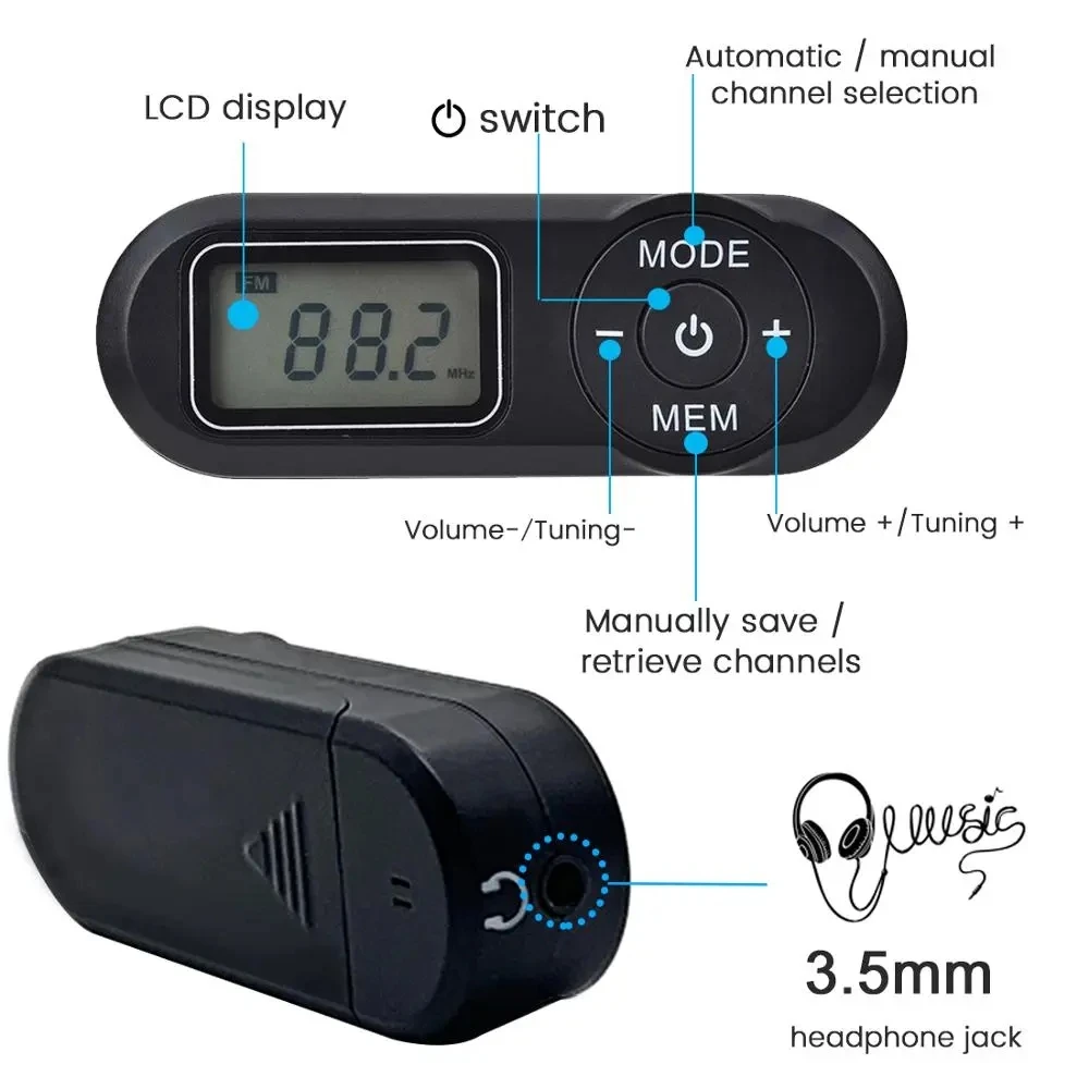 Rádio fm de bolso fm: receptor de rádio esportivo portátil 64-108mhz com display lcd preto e branco cordão de pescoço fone de ouvido de 3.5mm