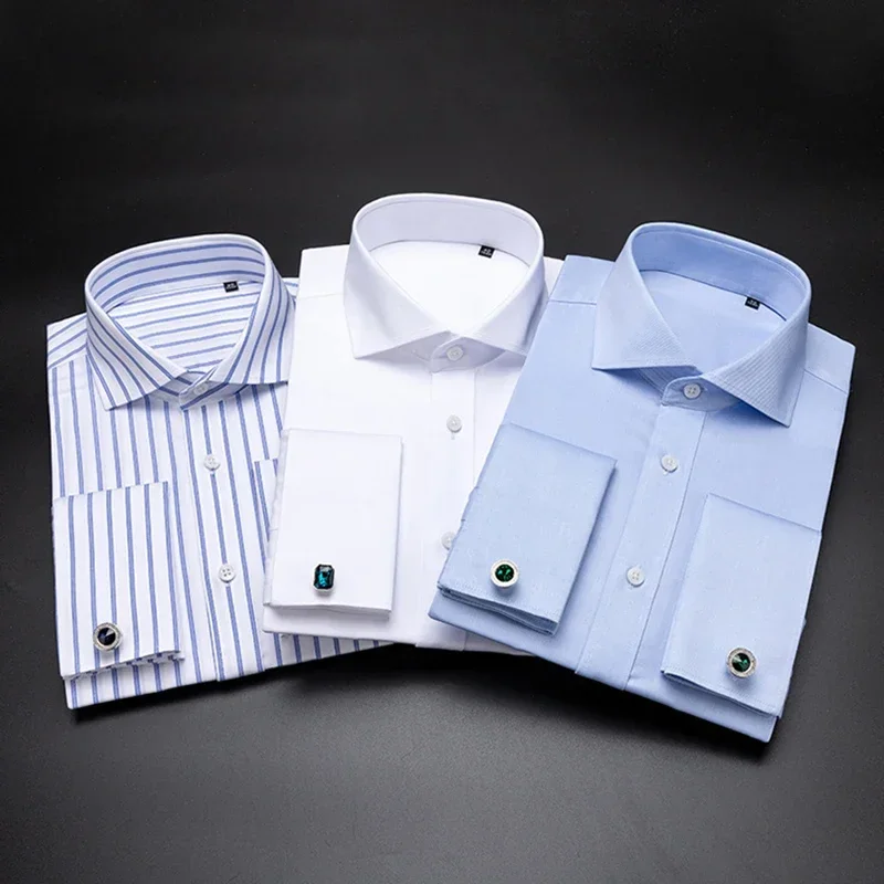 Luxury Windsor Collar Men's Cotton French Cuff Shirt Non Iron Quality Long Sleeve Business Formal Male Dress Cufflink Shirts