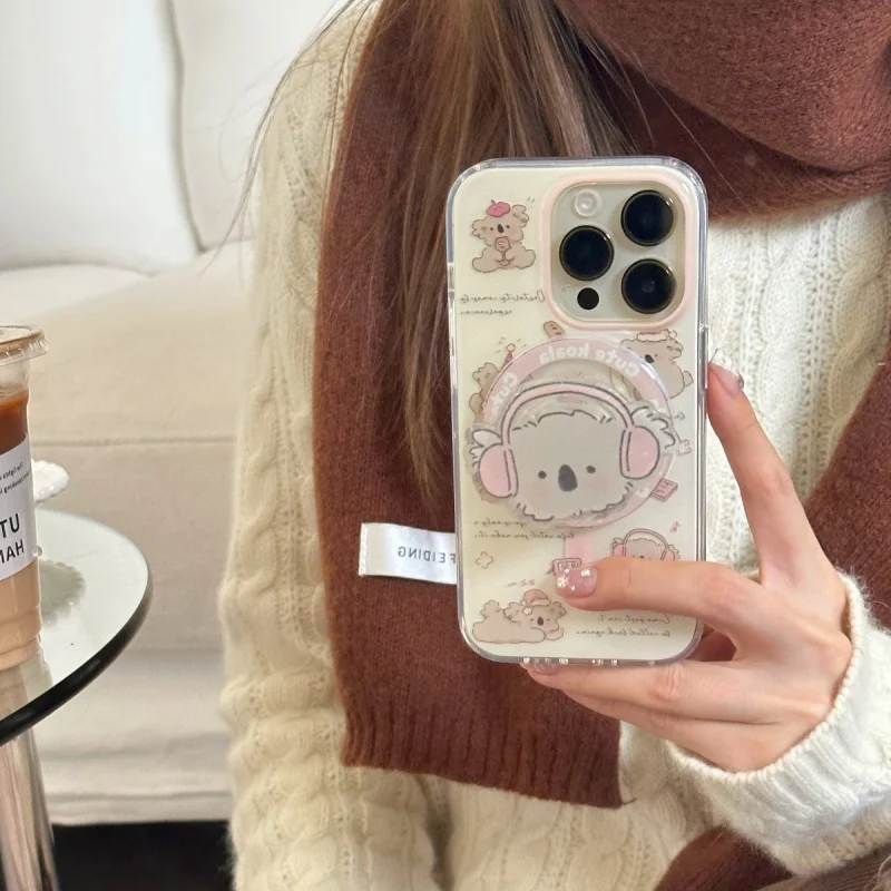 Magnetic Rock Koala Phone Case with Bracket For iPhone 11 12 13 14 15 16 pro max