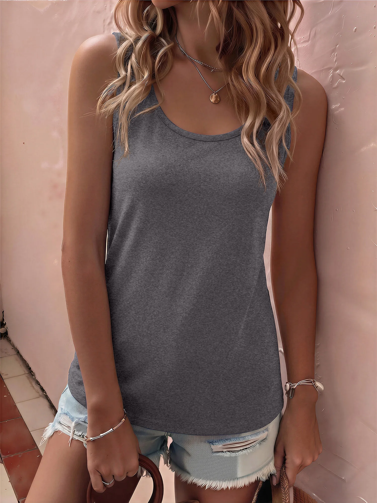 Ladies Solid U-Neck Racerback Sleeveless Tank Top Elastic Slim Fit Athletic Vest Breathable Everyday Layering Top