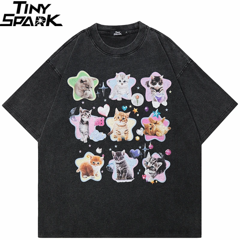 Hip Hop 2025 Retro Washed Black T-Shirt Streetwear Star Baby Cats Graphic T Shirt Cotton Harajuku Unisex Tshirt Men Tops Tee Y2K