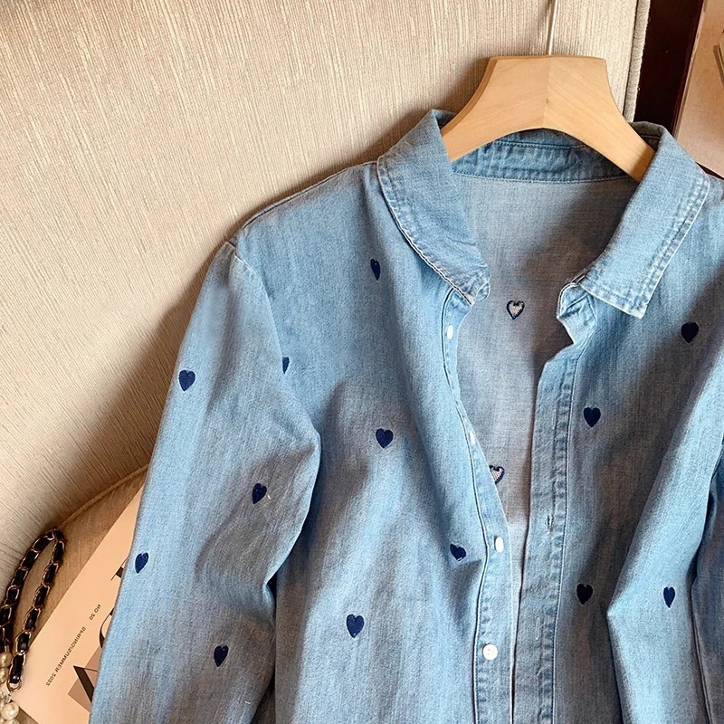 Damska bluzka dżinsowa w stylu retro, z dekoltem w kształcie serca, długa, na wiosnę i jesień, cienka, miękka, wyszczuplająca, zwiewna, codzienna.