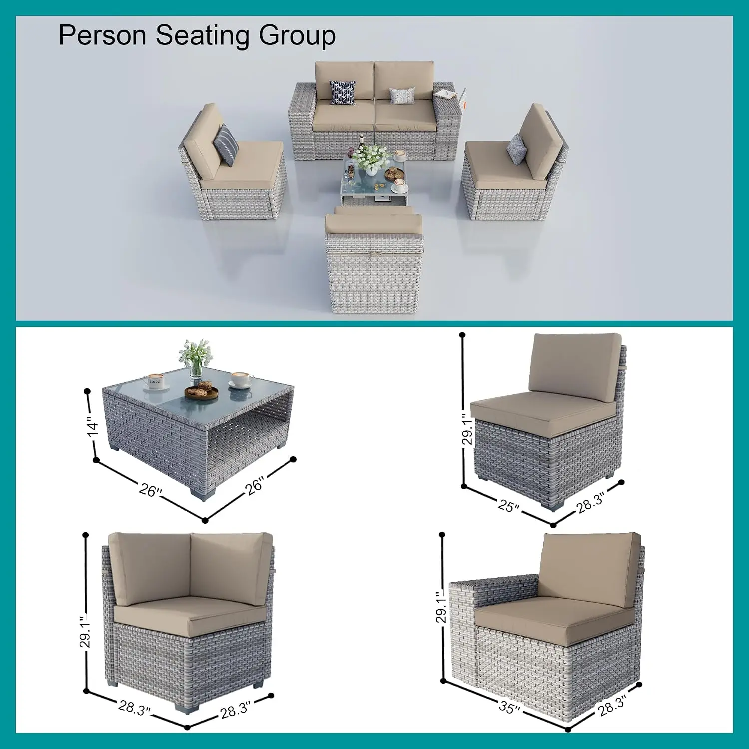 Extra Wide Patio Sofa Set, Dual Rattan Wicker, Rust-Resistant Frame, High Back Large Seat, Porch Garden Balcony, 6-Piece, Khaki,