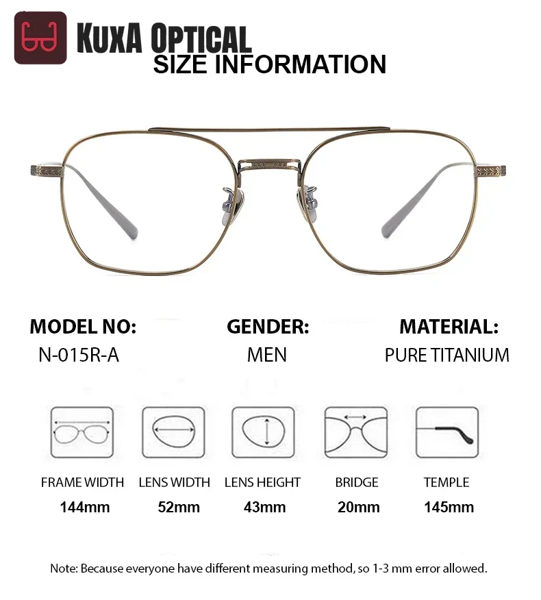 Okulary męskie KUXA 144 mm, powiększona oprawka tytanowa, duże szkła, szeroka oprawka, podwójny mostek, lekkie, do okularów korekcyjnych.