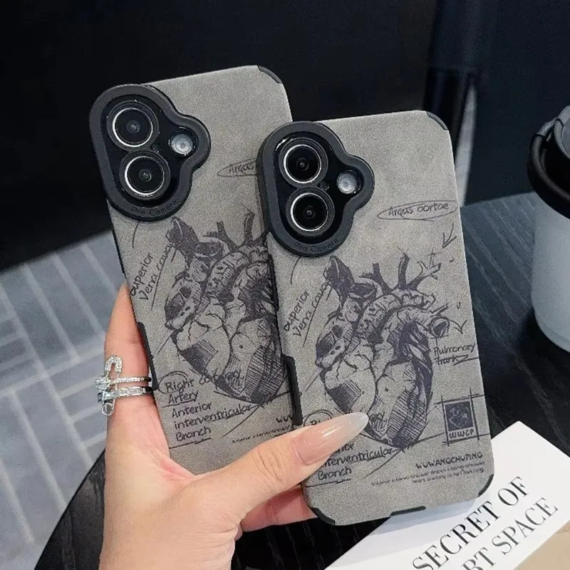Funda de teléfono de silicona con forma de corazón de cuero gris mate suave para iPhone 15 14 16 Pro Max Plus 11 12 13 Mini X XS XR Funda trasera