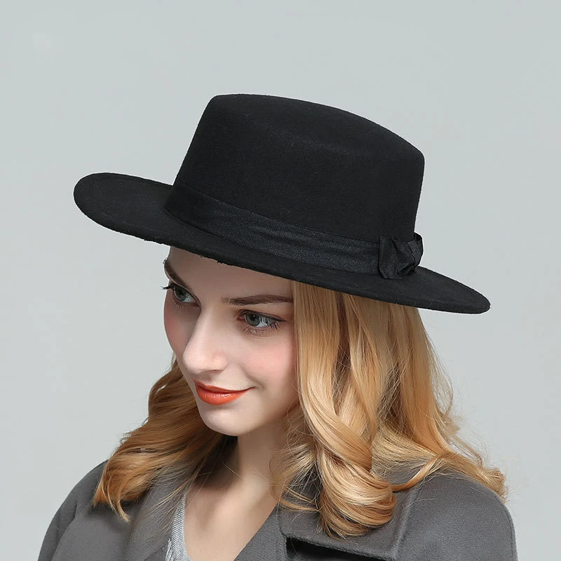 Classic Solid Color Bow Concave Top Hat for Women\'s Winter Retro Elegant Evening Woolen Felt Hat Casual Gentleman Hats for Men