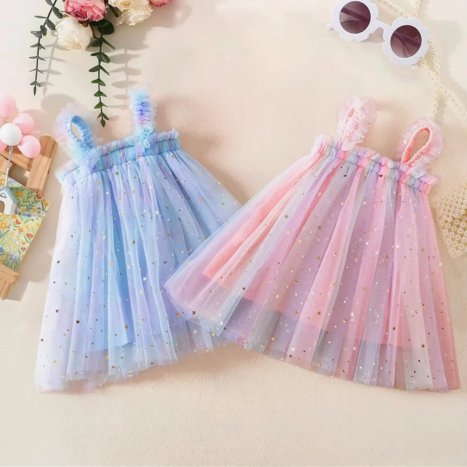 Baby Girl Dress Rainbow Colorful Summer Pleated Toddler Kids Suspenders Dress Baby Tutu Dresses Children Birthday Princess Dress