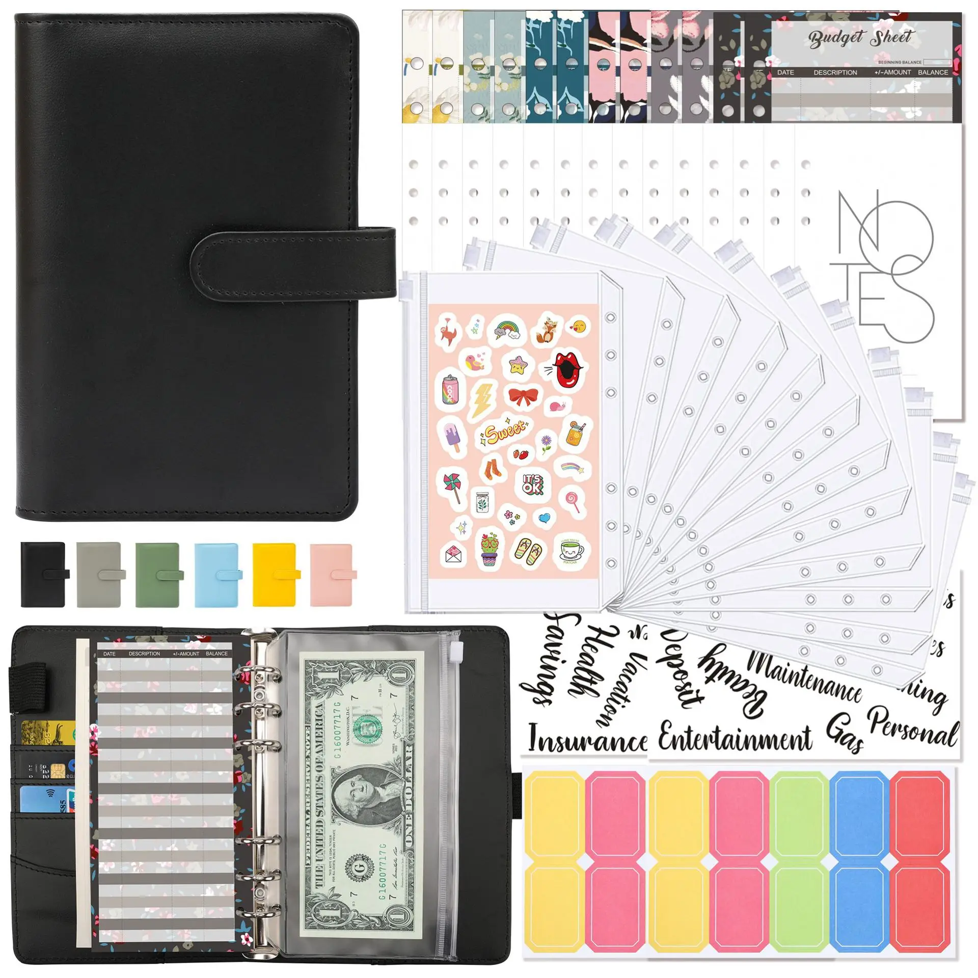 

A6 Binder Budget Planner Notebook Covers Folder A6 Size 6 Hole Binder Pockets Plastic Binder Zipper Money Saving Envelope