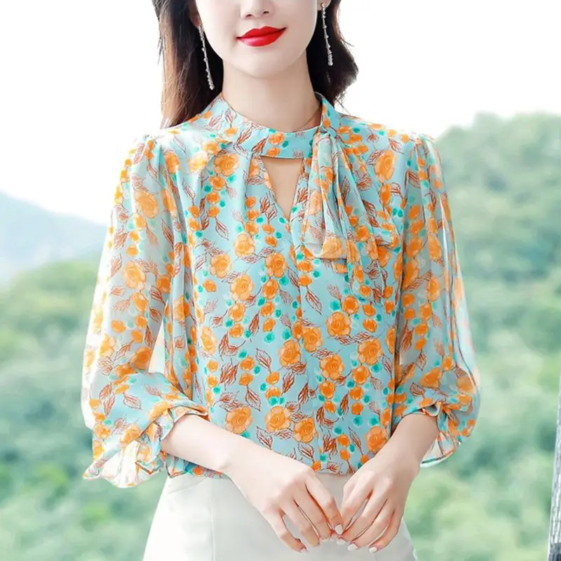 Women Clothes Vintage Floral Print Hollow Bow Elegant Blouses Spring Summer Long Sleeve Sweet Chic Shirts Blusa Mujer Moda 2023