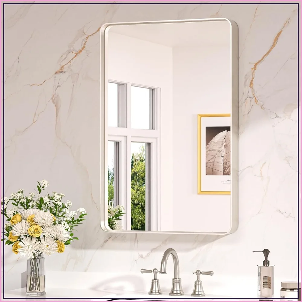 

20x30 Inch Brushed Nickel Bathroom Mirror, Rounded Rectangle Vanity Mirror, HD Tempered Glass, Anti-Rust Aluminum Alloy