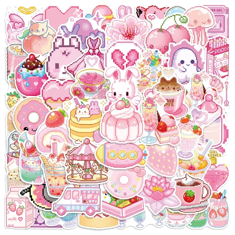 60 Pcs/set Pink Pixel Style Stickers INS Aesthetic Sweet Cake Dessert Decals for Scrapbook Journal Cute Cartoon Graffiti Sticker
