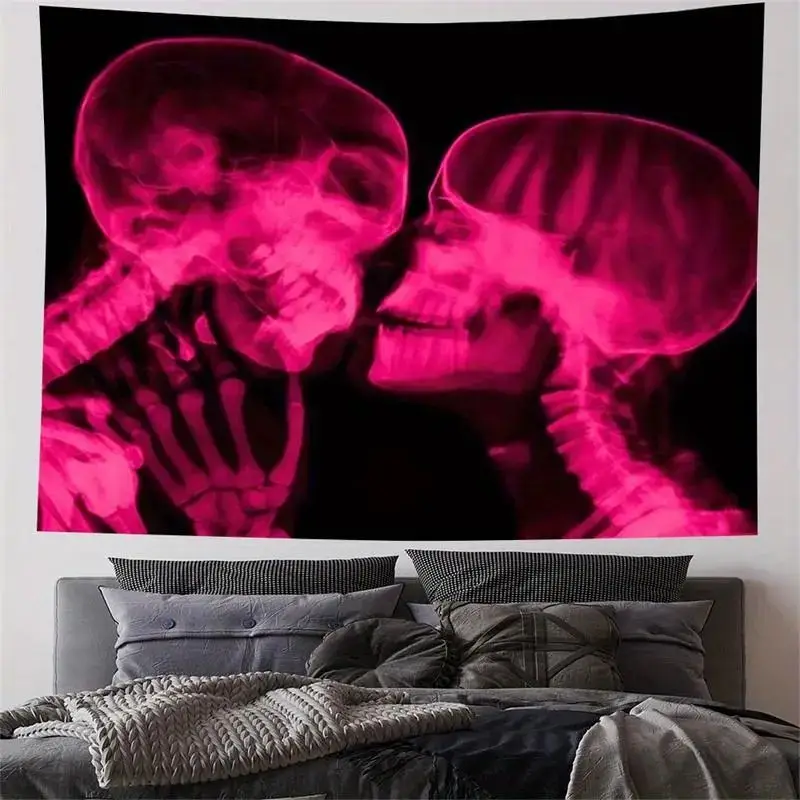VIKAMA Pink X-Ray Kissing Skull Tapestry Dark Gothic Psychedelic Couple Wall Hanging Bedroom Dorm E-sports Decor
