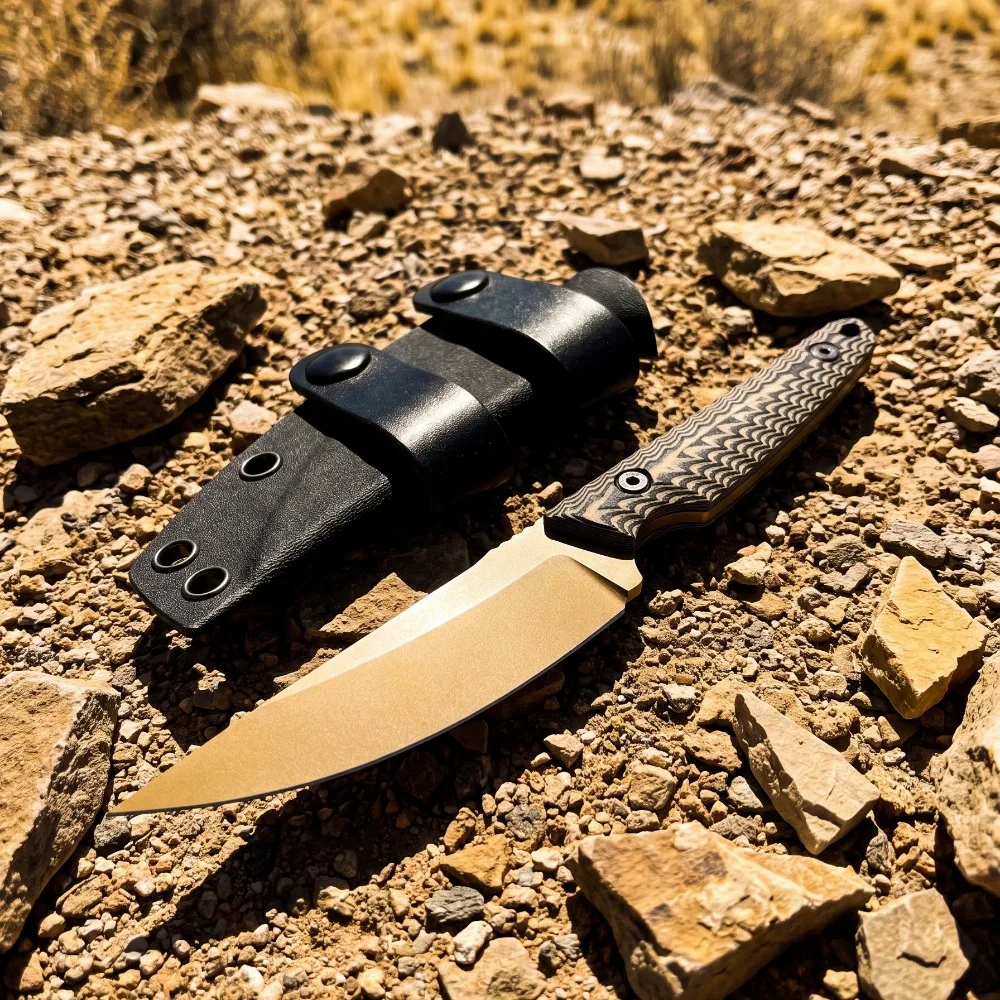 Multipurpose Wilderness Knife Golden 8Cr13Mov Blade Non-Slip G10 Handle Portable Belt Carry Fixed Knife with Kydex Sheath