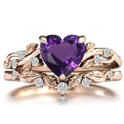 Personalized Purple Love Layered Ring with Irregular Folded Branches and Leaves Double Layer Ring