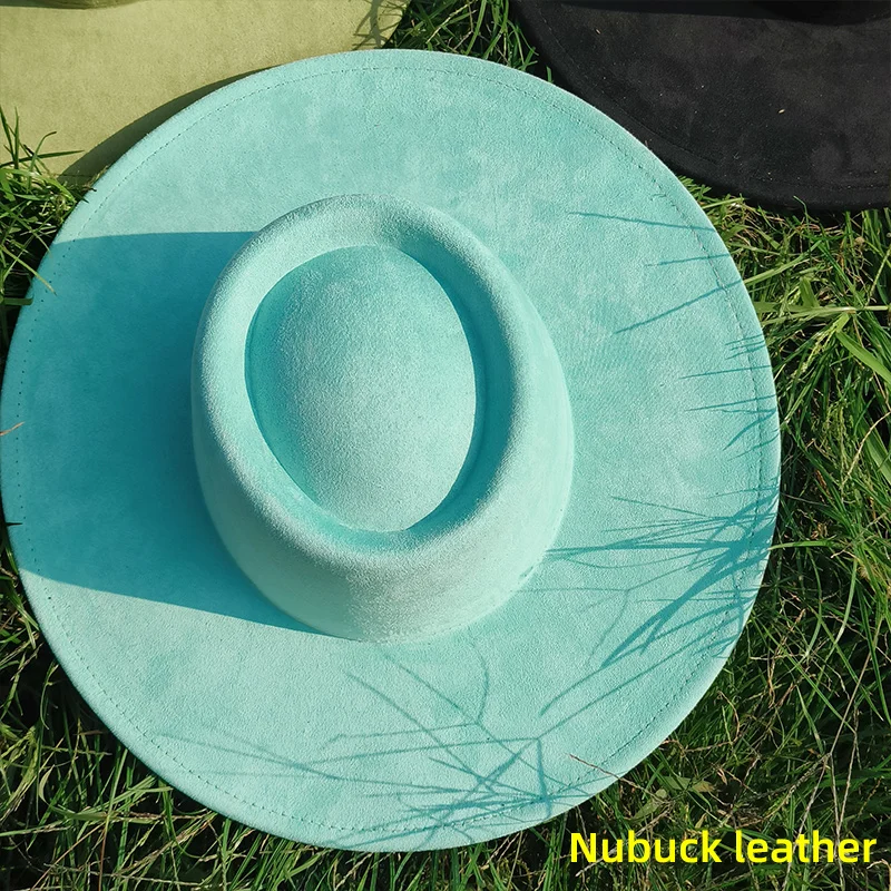 9,5 cm große Krempe Retro Nubuk leder Fedora Hut für Frauen Männer Matcha grün flache Zylinder Herbst Winter breite Krempe Luxus Britisch