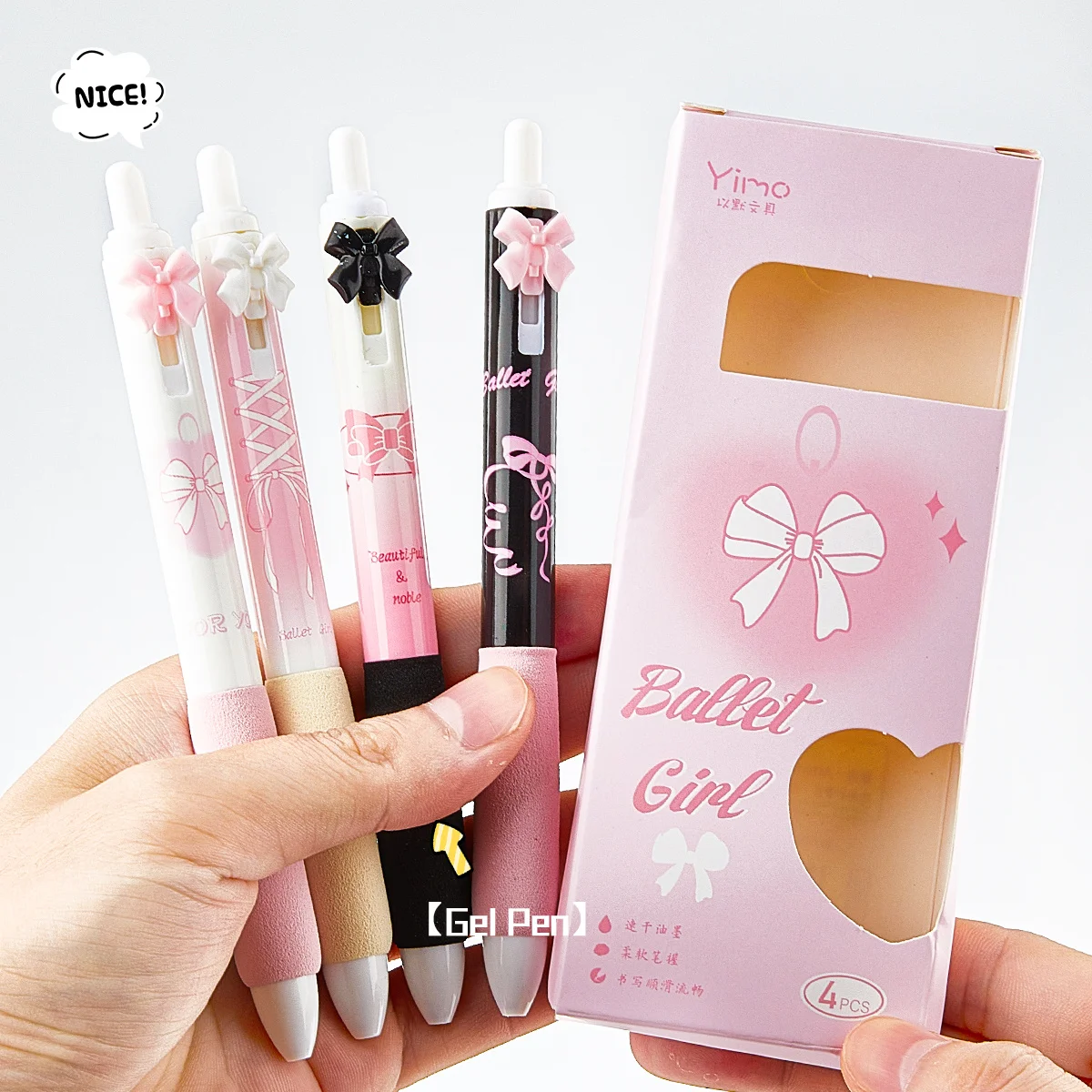 A set of 4 pink bow-tie click-button gel pens, featuring 0.5mm black ink that dries quickly and smoothly. Suitable for student e