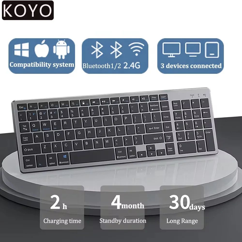 Hebrew/Russian/Spanish/Portuguese/Korean Bluetooth 5.0 & 2.4G Wireless Rechargeable Keyboard For Tablet iPad PC Android IOS Win