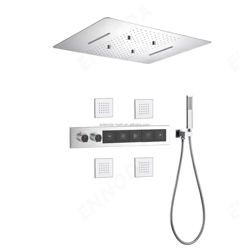 New Luxurious Bathroom Embedded Ceiling Waterfall Rainfall Mist Shower Set Brass 5 Functions Thermostatic Shower System
