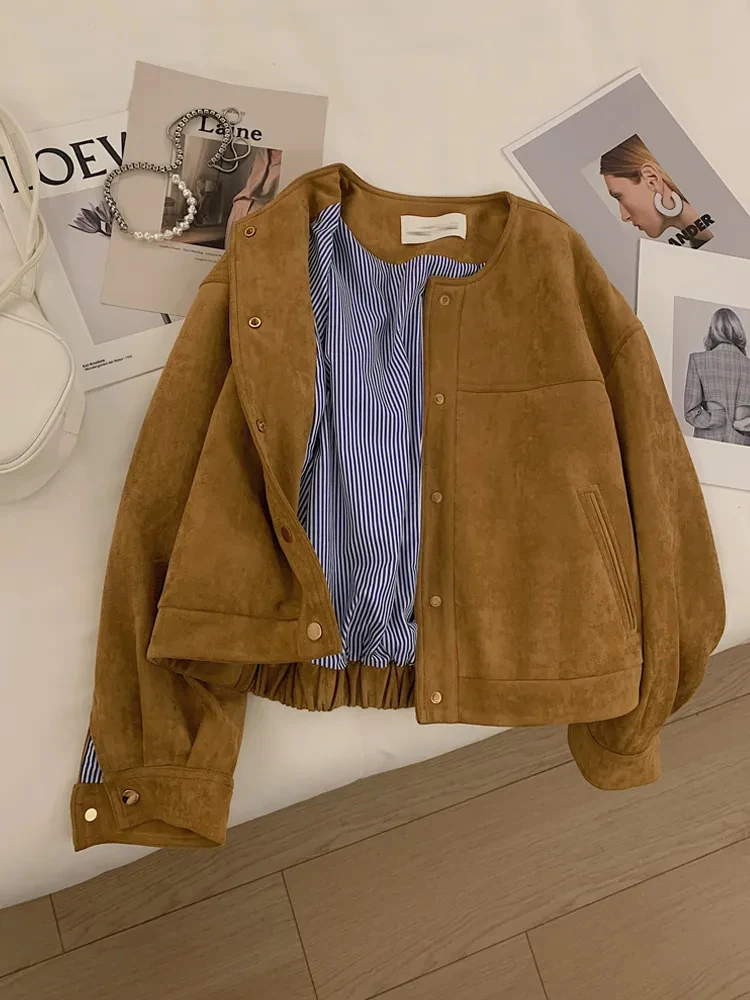 Fall Vintage Button Jacket Women Simple Office Lady Long Sleeve Retro Coats O Neck All Match Loose Casual Korean Pocket Outwear