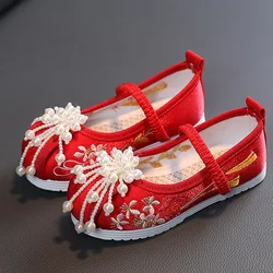 Traditional Kids Cloth Shoes Girls Embroidery Pearl Beaded Dance Shoes Princes Tang Hanfu Ballet Flats Girls Shoes CSH1437