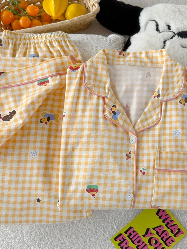 New Spring Autumn Plaid INS Style Women's Sleepwear Cute Dog Cartoon Long Sleeve Long Pants Two-Piece Set Home Clothes