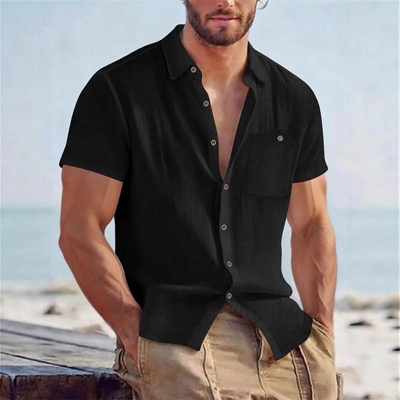 

2026 Men's Casual Linen Blend Shirt Short Sleeve Turn Down Collar Button Up Lightweight Breathable Beach Tunic Tops