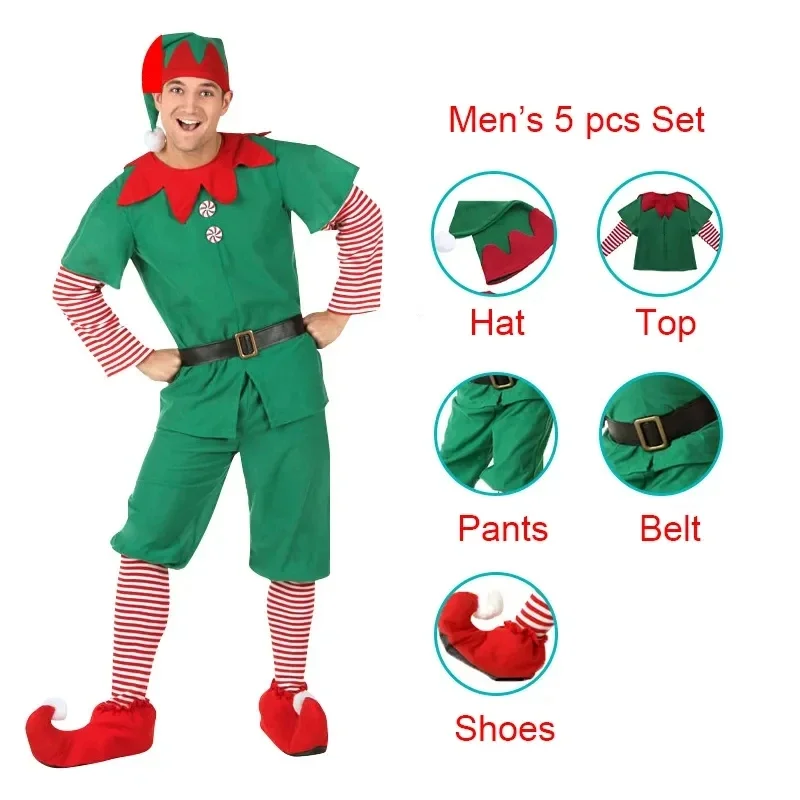 Men Women Girls Boys Christmas Santa Claus Costume Suit Green Elf Cosplay Family Carnival Party New Year Fancy Dress Clothes Set