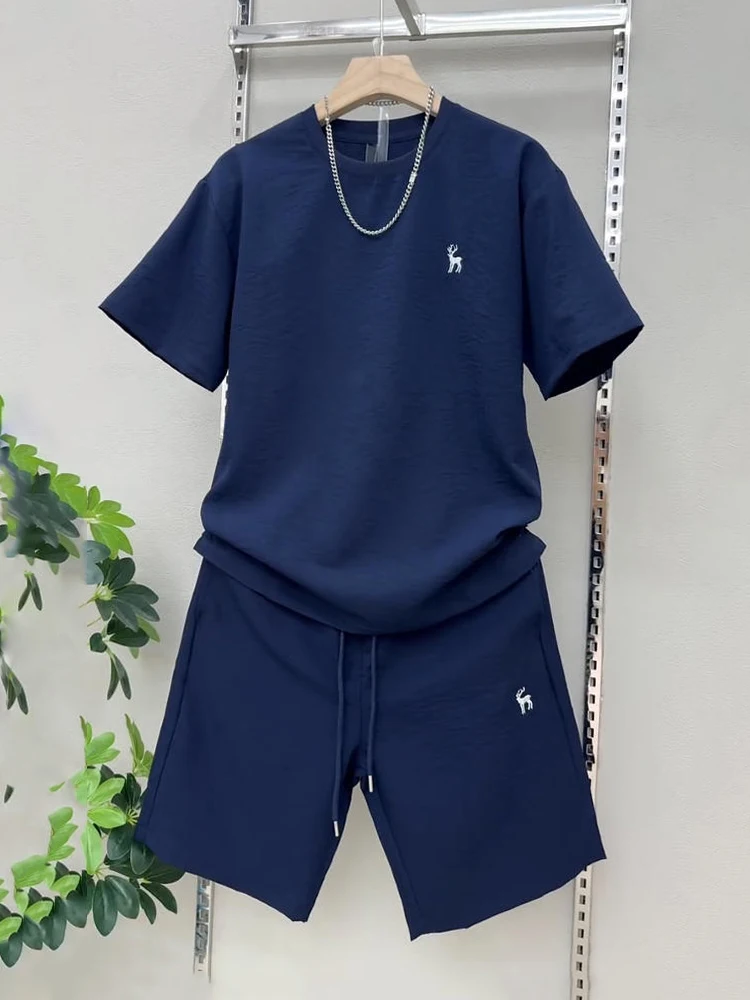

Lightweight Breathable Men's Summer Casual Short Sleeve Set Loose Fit Five-Quarter Pants Two-Piece Suite Simple High-End Feel