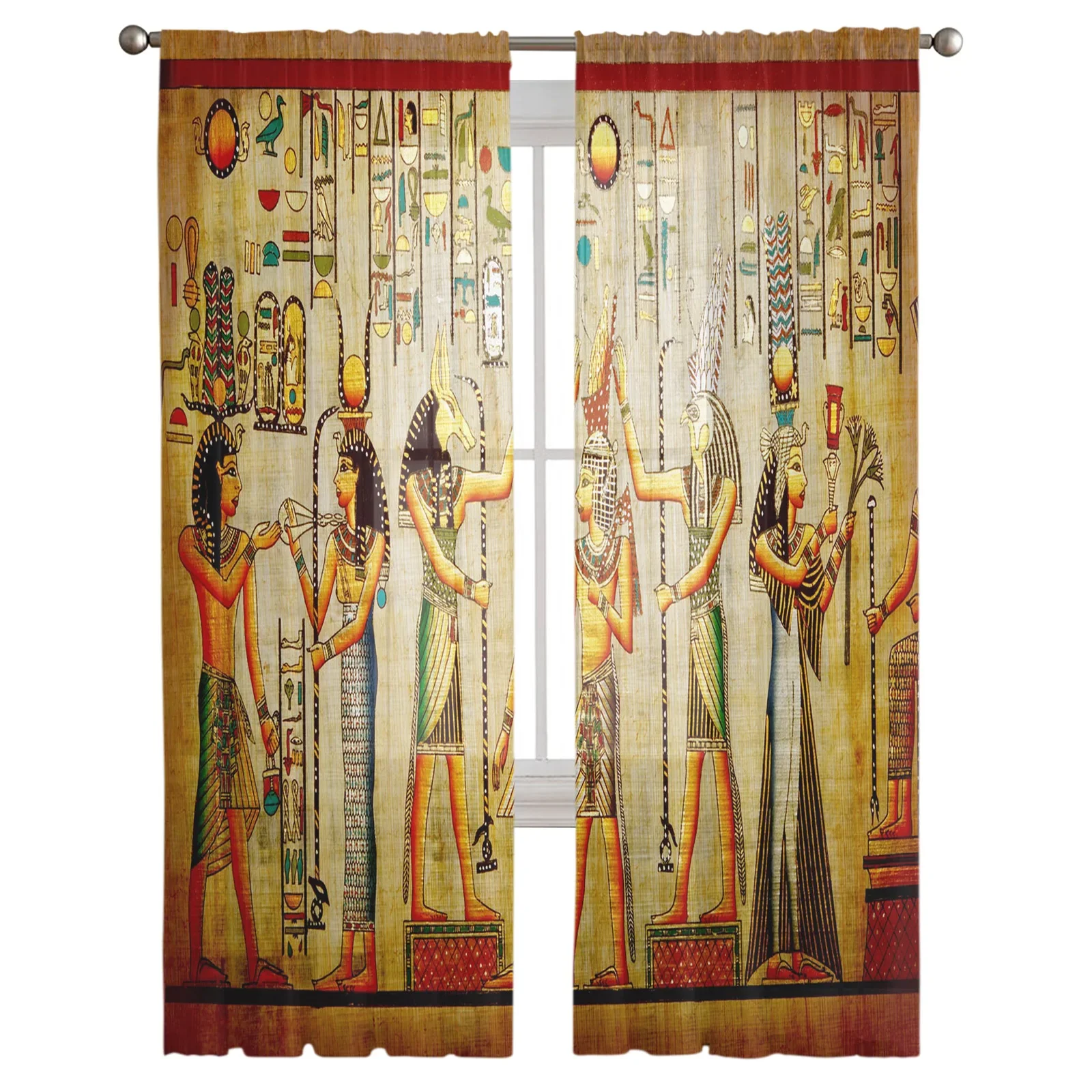 Retro Gold Egyptian God Sheer Curtain for Living Room Bedroom Voile Drape Kitchen Window Tulle Curtains Home Essentials